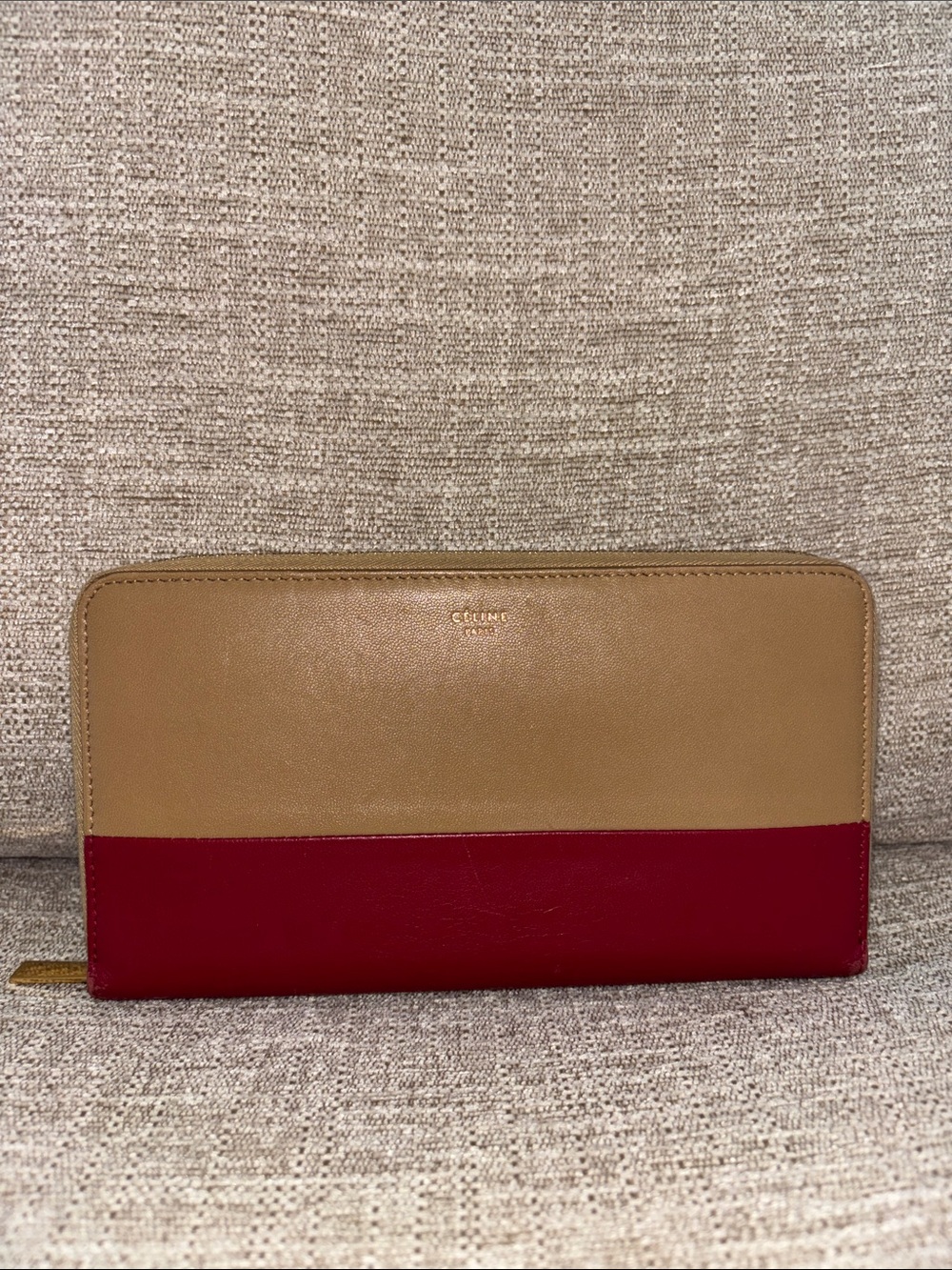 Celine Two-Tone Zip Wallet in Tan and Red
